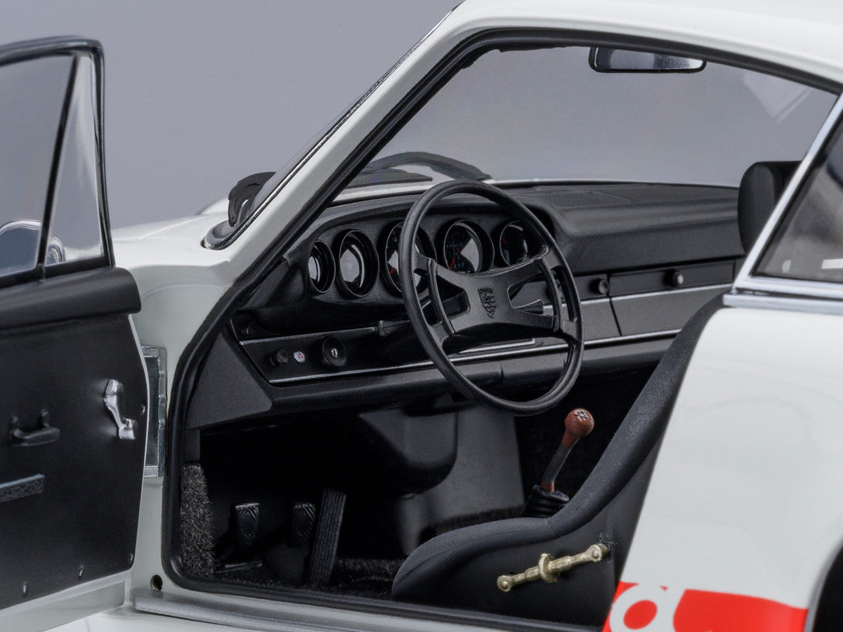 Porsche 911 Carrera 2.7 RS "The Circuit Wolf" White with Red Stripes and Wheels with Hood Graphics 1/18 Model Car by Autoart-2