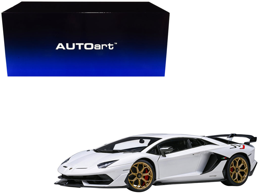 Lamborghini Aventador SVJ Bianco Asopo Pearl White with Gold Wheels 1/18 Model Car by Autoart-0